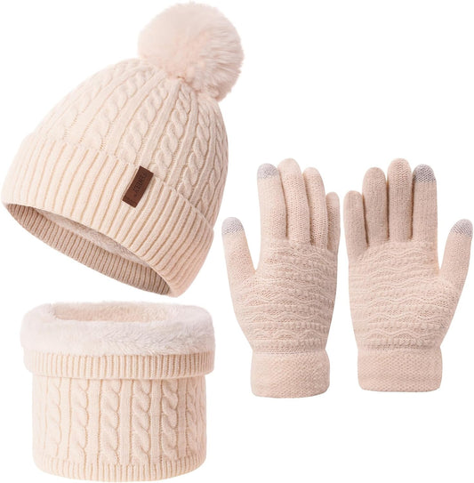3Pcs Winter Women Beanie Hat Scarf and Touch Screen Gloves Sets Girls Classic Knit Warm Chunky Fleece Lined Cable Cap